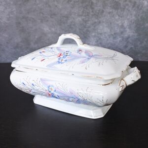Antique 1800s Porcelain Pink Blue Floral Buckle Motif Covered Dish Tureen